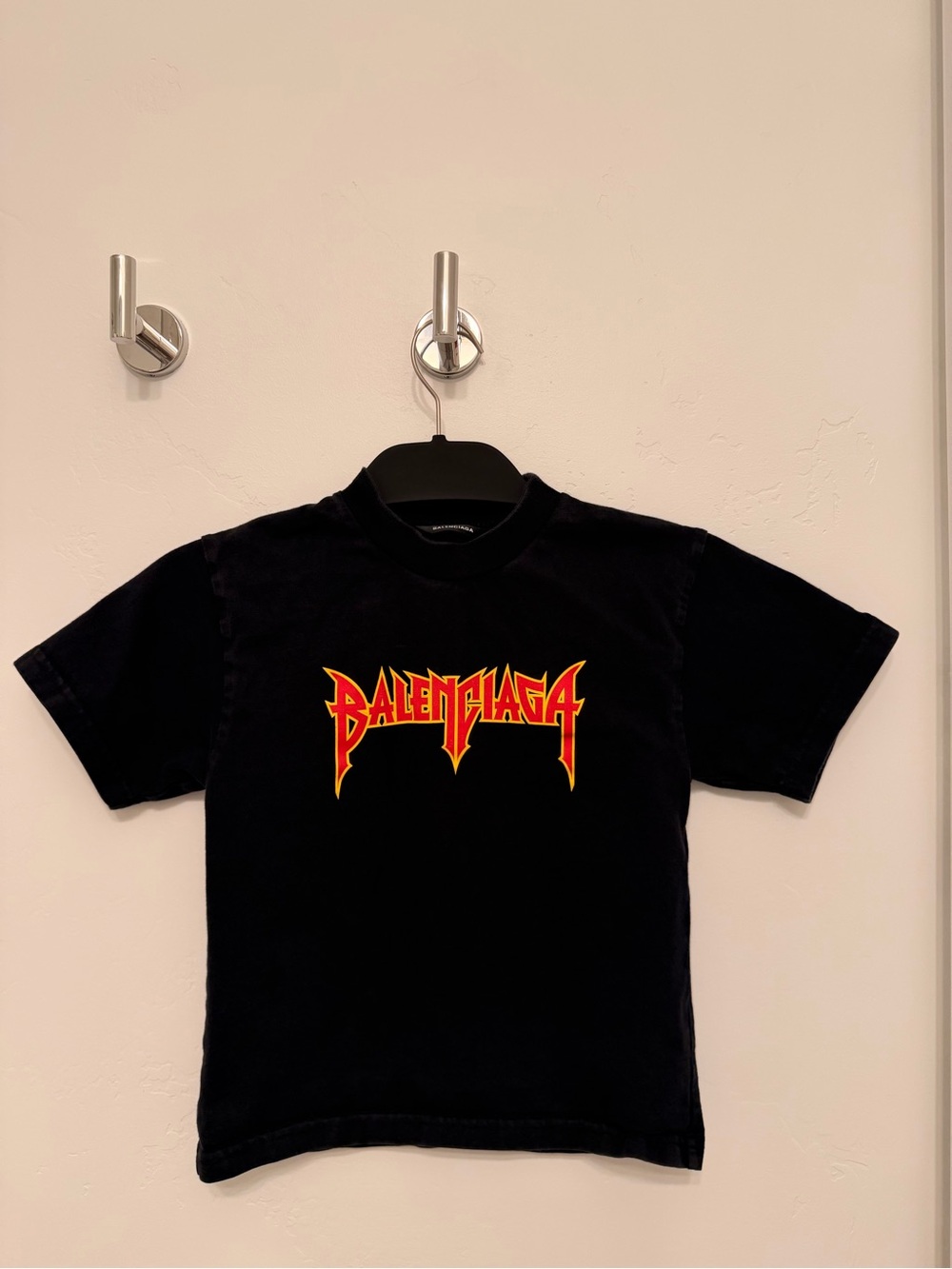 Balenciaga Kids Black Tee with Red and Yellow Logo Graphic